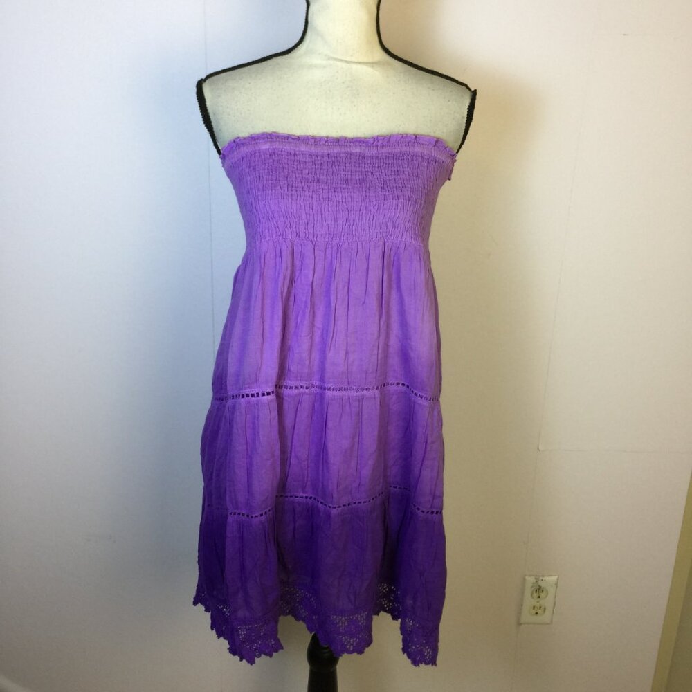 New! Chaudry KC Strapless Dress Skirt Sz M Womans Purple Crinkled Tiered Smocked